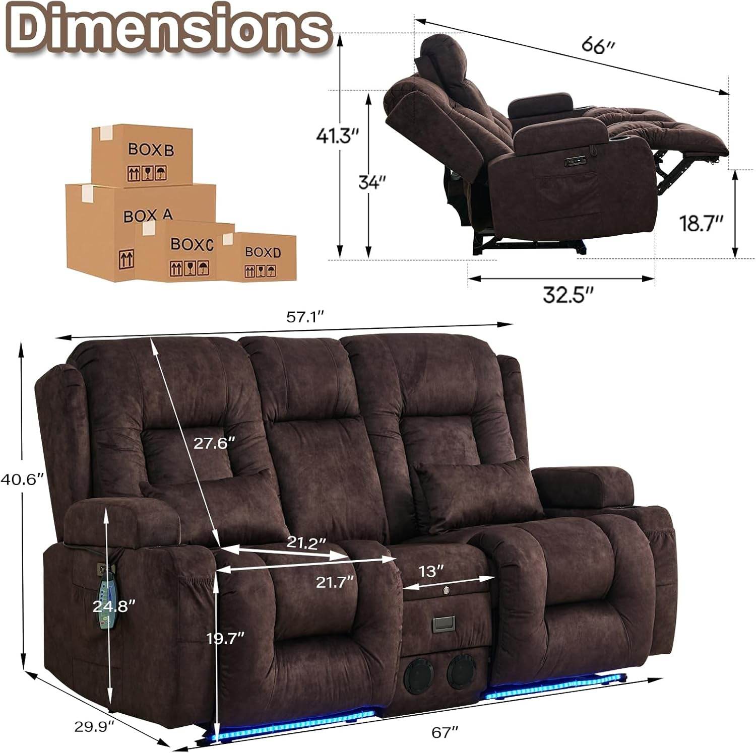 Power Loveseat Recliner Sofa with Massage & Heat (Velvet, Brown) - Loft&Timber