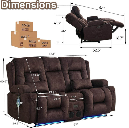Power Loveseat Recliner Sofa with Massage & Heat (Velvet, Brown) - Loft&Timber