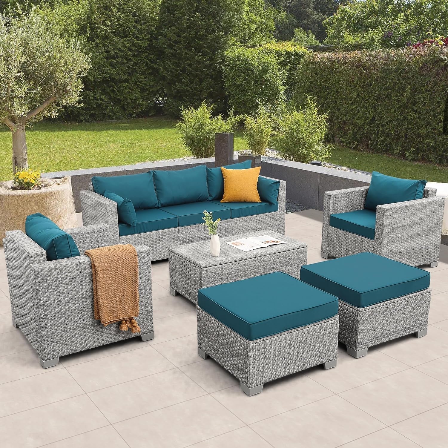 Patio Furniture Set 6 Piece Outdoor Grey Wicker With Peacock Blue Cushions-0
