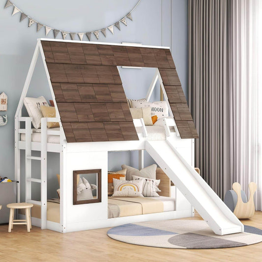 Bunk Bed Twin over Twin, Bunk Bed with Slides and Stairs, House Bunk Bed with Roof, Twin Bunk Bed for Kids, Teens, Kids Bunk Beds, White+Brown - Loft&Timber