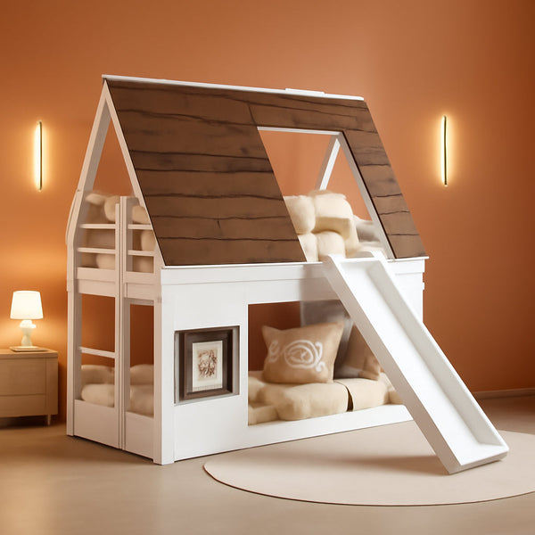 Twin Over Twin Bunk Bed With Slide For Kids Room Ready-0