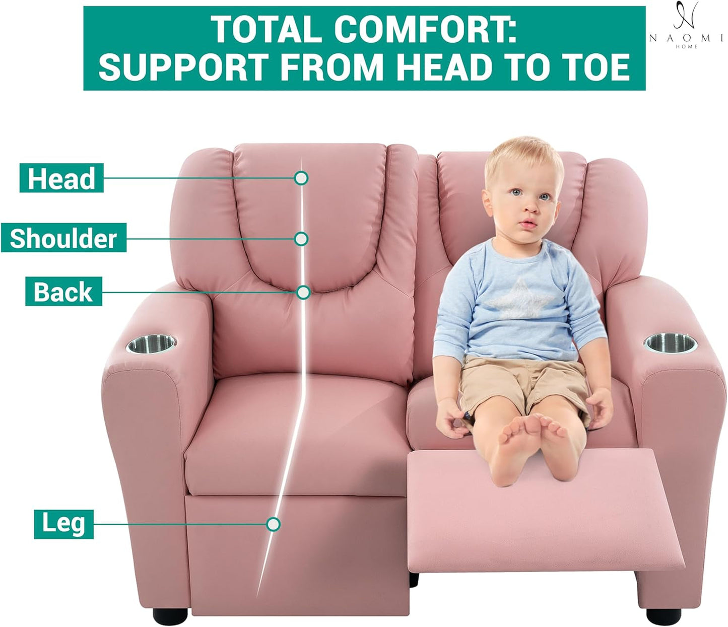 Suri Kids Recliner Loveseat – Spacious Toddler Recliner Chair Ages 3-5 with Cup Holders, Push-Back Function, and Adjustable Footrest - Pink-4