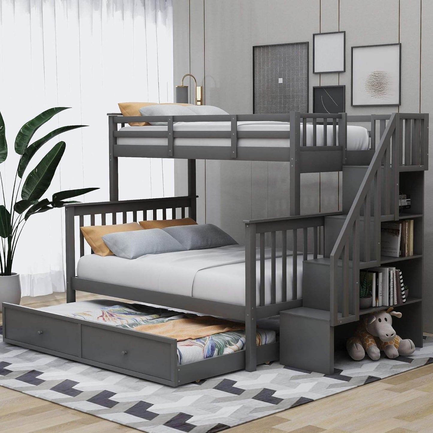 Twin over Full Bunk Bed, Wooden Bunk Bed Frame Twin over Full with Trundle and Storage Shelves, Twin over Full Size Bunk Beds with Staircases for Kids Teens Adults, Grey - Loft&Timber