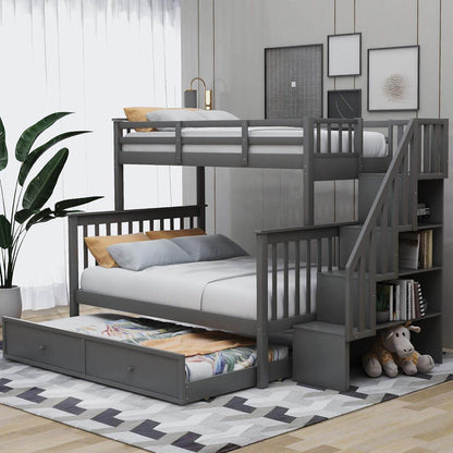Twin over Full Bunk Bed, Wooden Bunk Bed Frame Twin over Full with Trundle and Storage Shelves, Twin over Full Size Bunk Beds with Staircases for Kids Teens Adults, Grey - Loft&Timber