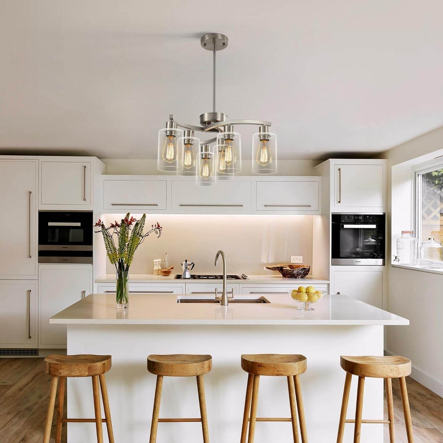 6-Light Brushed Nickel Industrial Glass Chandelier - Loft&Timber