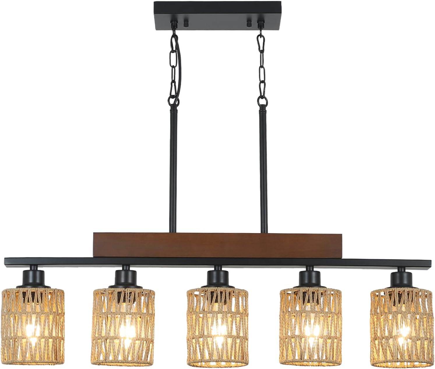 Boho Rattan Farmhouse Chandeliers, Rustic Wood and black - Loft&Timber