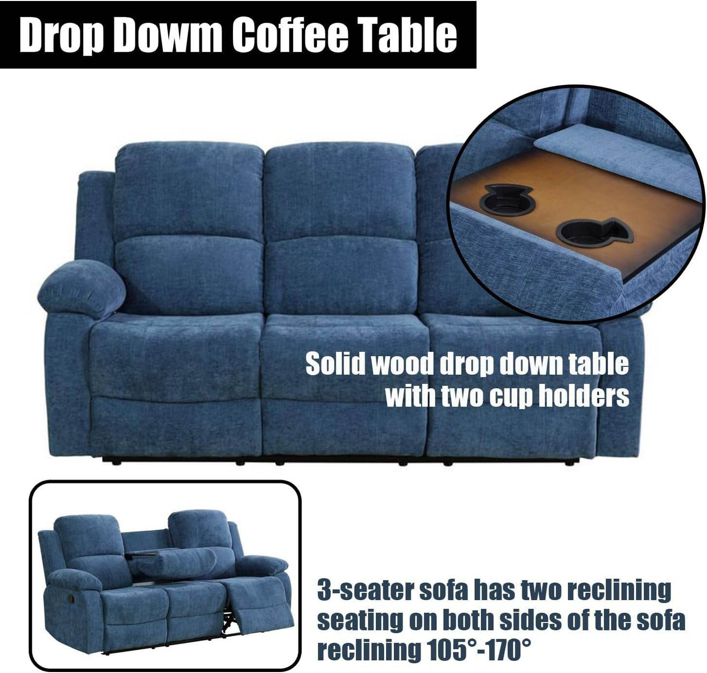 Recliner Sofa Set /Blue Linen - Loft&Timber