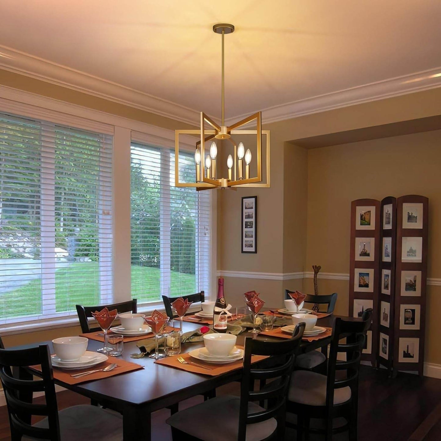 6-Light Gold Pendant Light, Modern Farmhouse Dining Room Light Fixtures over Table, Industrial Metal Geometric Kitchen Chandelier for Entryway Hallway Foyer Bedroom - Loft&Timber