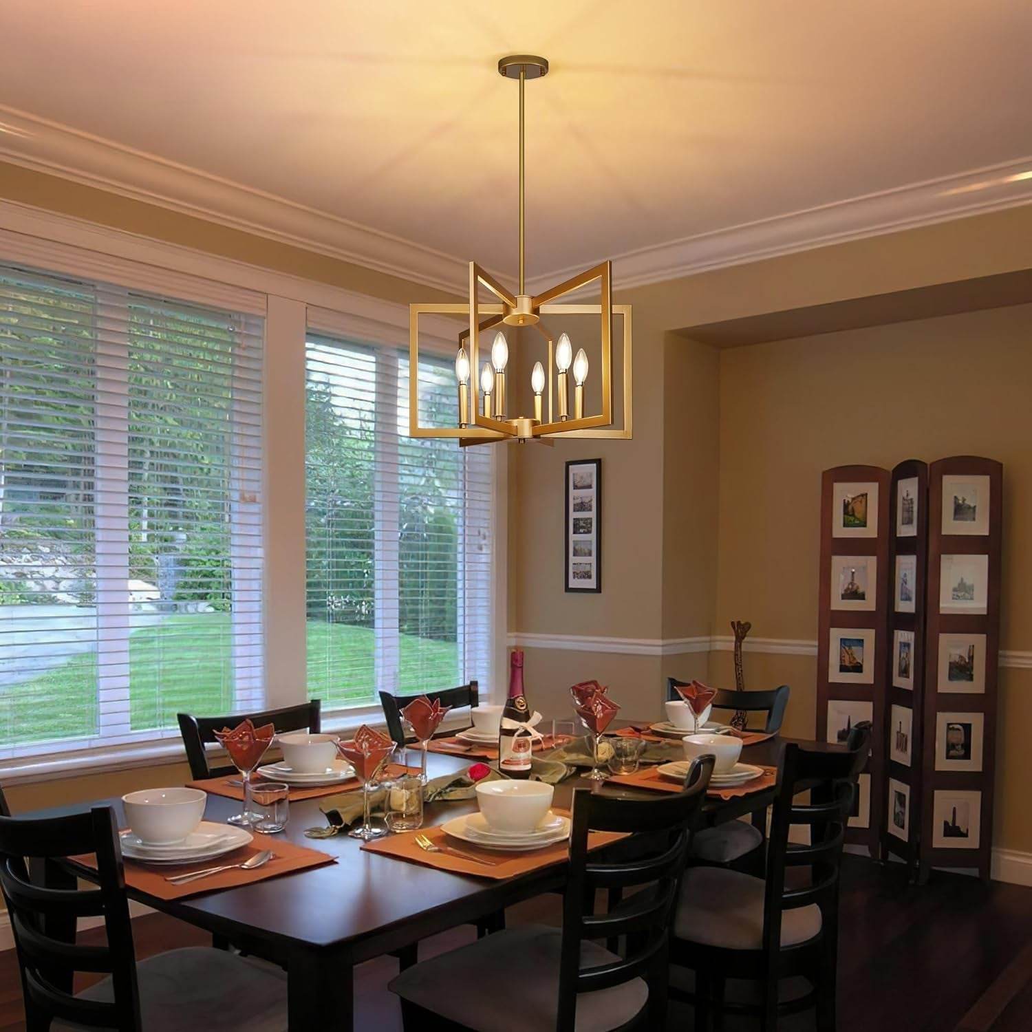 6-Light Gold Pendant Light, Modern Farmhouse Dining Room Light Fixtures over Table, Industrial Metal Geometric Kitchen Chandelier for Entryway Hallway Foyer Bedroom - Loft&Timber