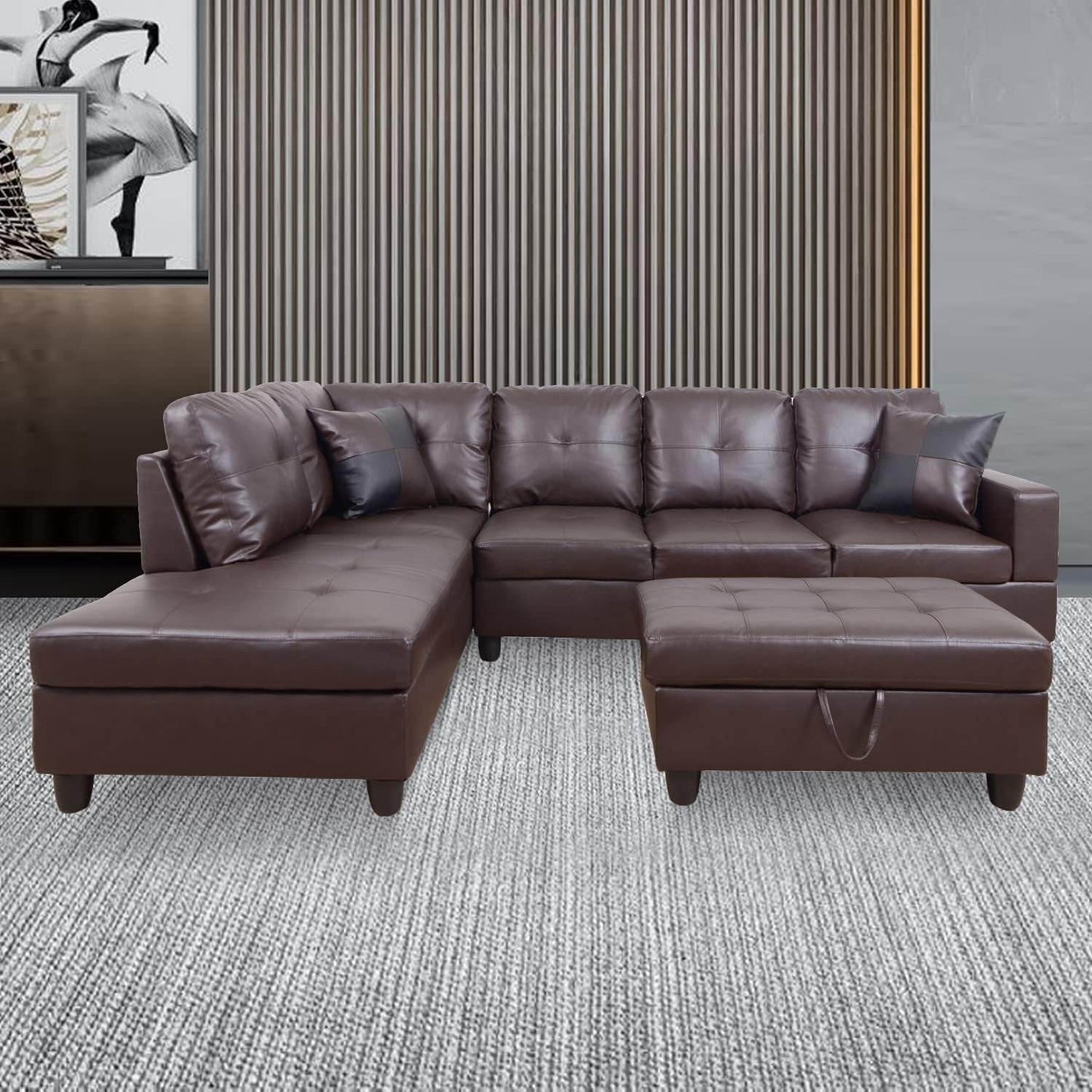 Ponliving Furniture Modern L-Shaped Leather Sectional Sofa Left Hand Facing (Brown) - Loft&Timber