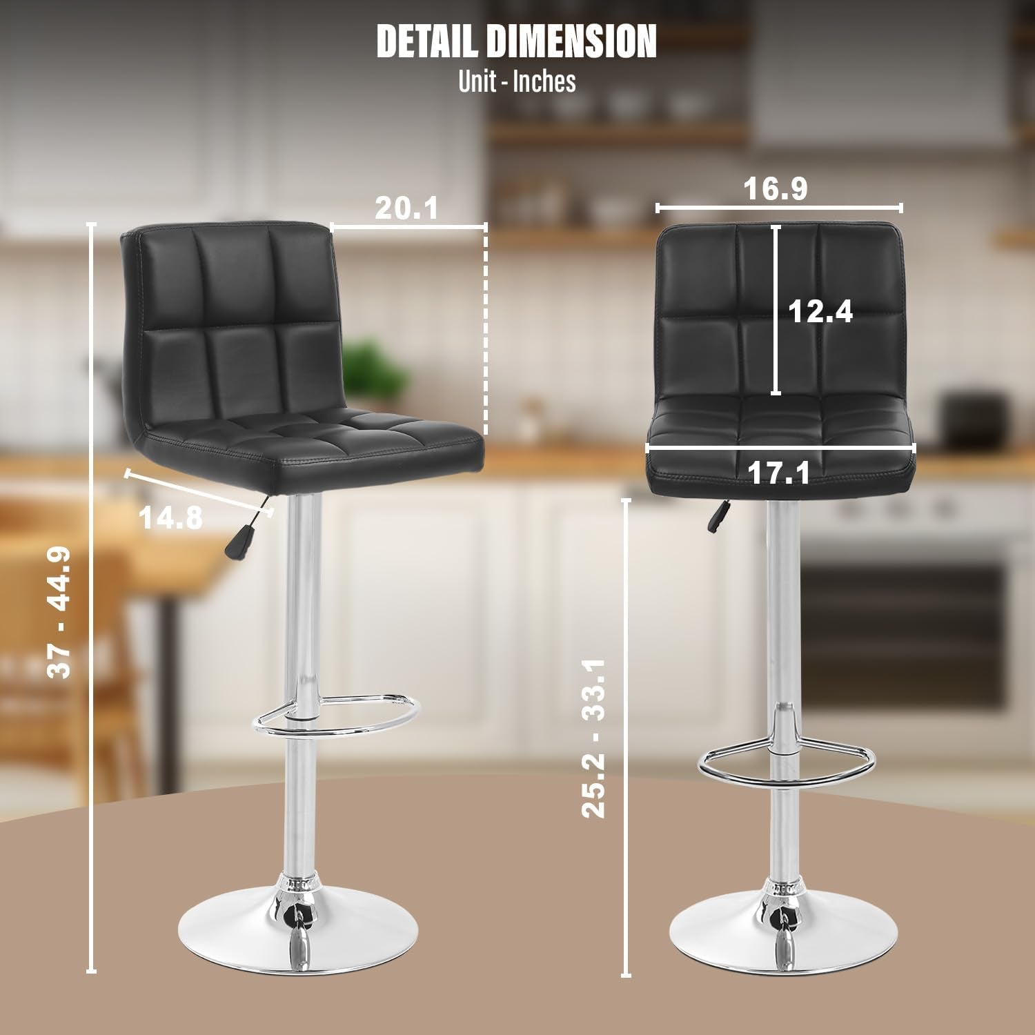 Barstools Set of 2 Counter Height Bar Stools Height Adjustable Back PU Leather Swivel Bar Stool Bar Chairs Hydraulic Swivel Dining Chairs for Kitchen Bar Restaurant Living Room,Black-2
