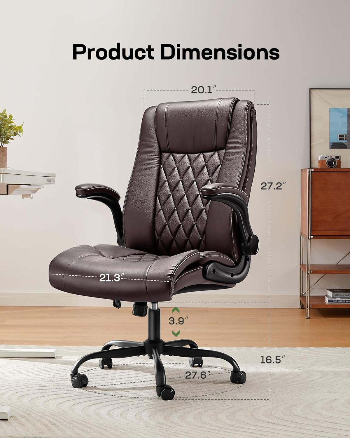 Executive Office Chair with Flip-Up Armrests,Pu Leather Ergonomic Desk Chair Height-Adjustable Swivel Rolling Computer Desk Chair-1