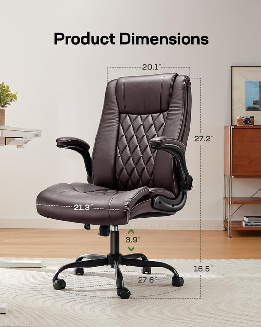 Executive Office Chair with Flip-Up Armrests,Pu Leather Ergonomic Desk Chair Height-Adjustable Swivel Rolling Computer Desk Chair-1