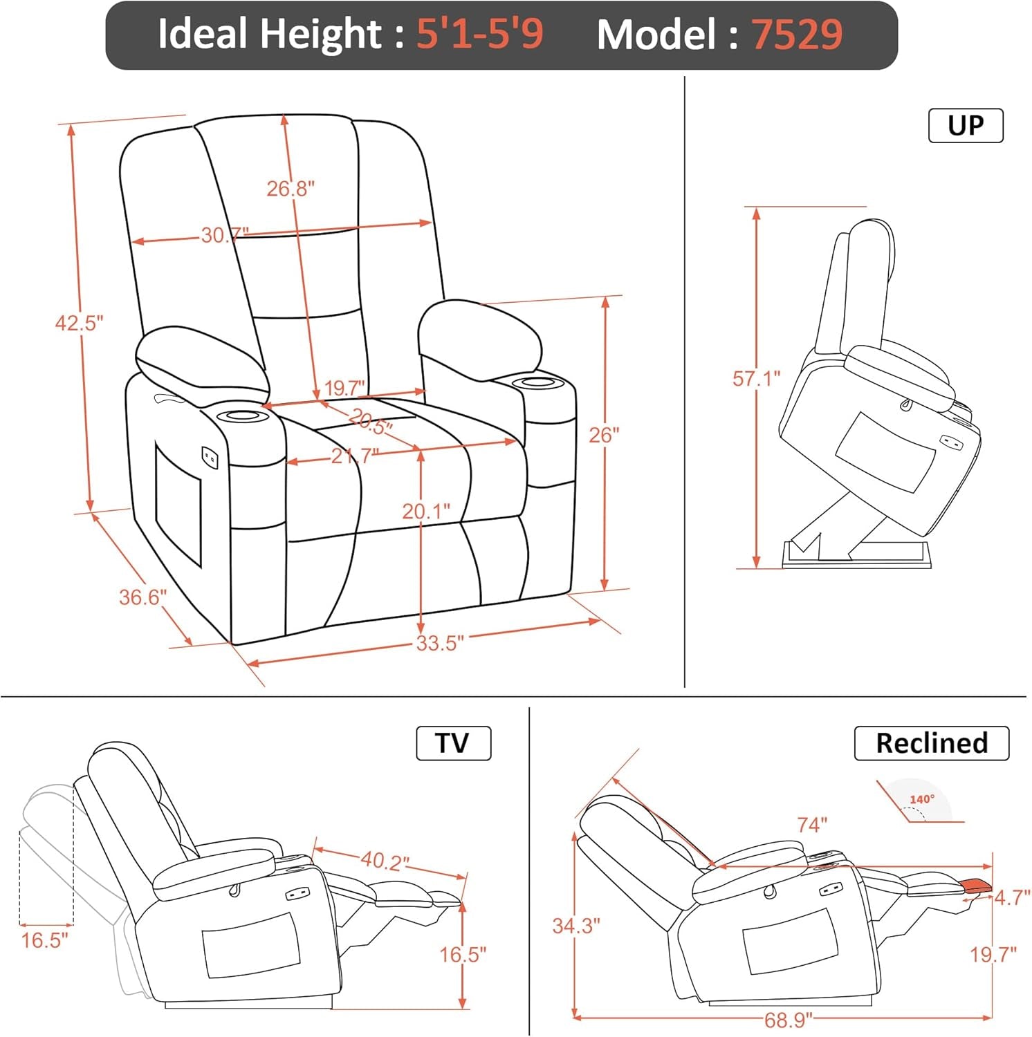 Power Lift Recliner Chair with Massage and Heat for Elderly People, Cup Holders, USB Ports, Side Pockets, Fabric 7529 (Medium, Grey)-2