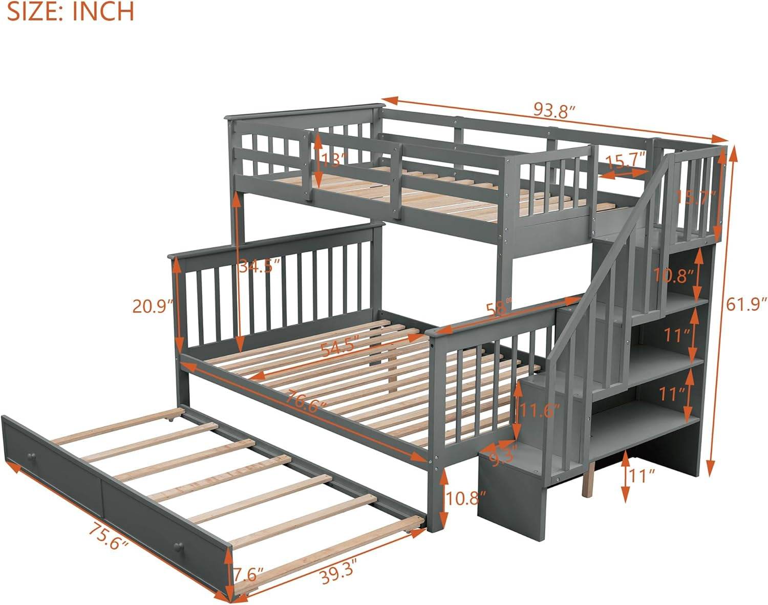 Twin over Full Bunk Bed, Wooden Bunk Bed Frame Twin over Full with Trundle and Storage Shelves, Twin over Full Size Bunk Beds with Staircases for Kids Teens Adults, Grey - Loft&Timber