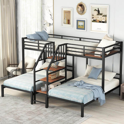 Metal Triple Bunk Bed with Stairs, 3 Beds Bunk Bed, Twin over Twin & Twin Bunk Bed with Storage Shelves Staircase, for Kids Teens Adults, Black - Loft&Timber