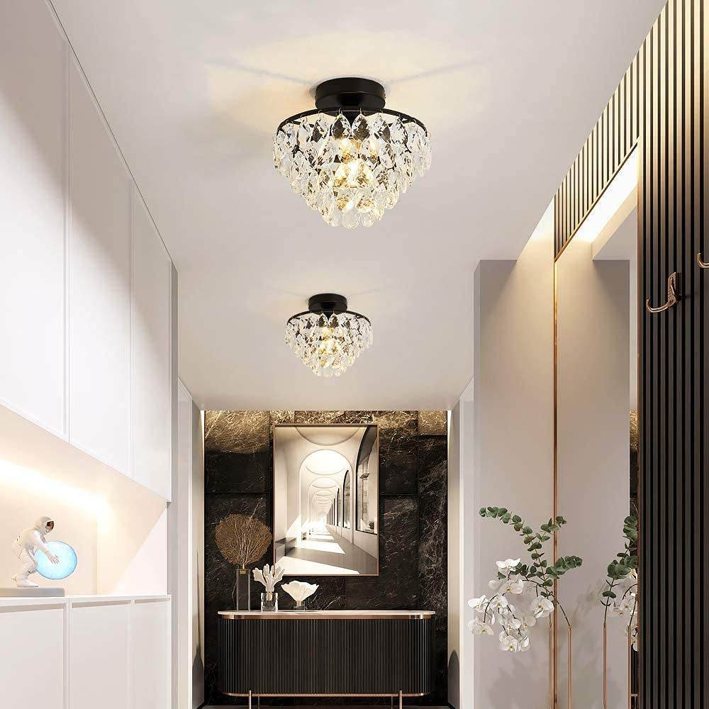 Modern Small Crystal Ceiling Light Fixture Mini Black Semi Flush Mount Chandelier Light Fixture for Hallway Bedroom Bathroom Closet E26 - Loft&Timber