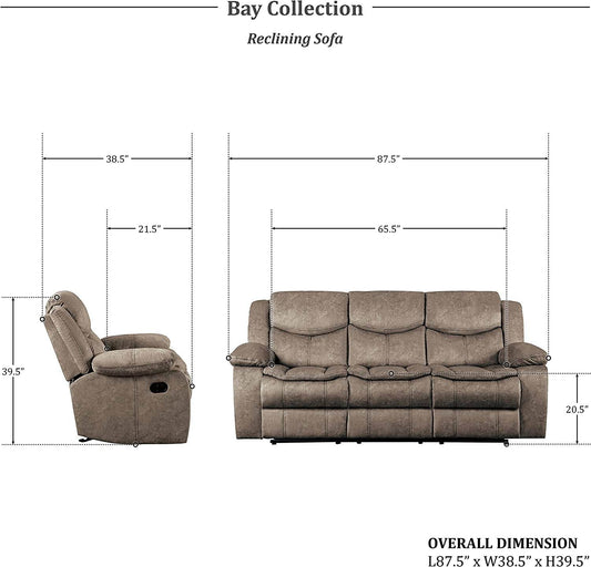 Bay Manual Double Reclining Sofa, Brown - Loft&Timber