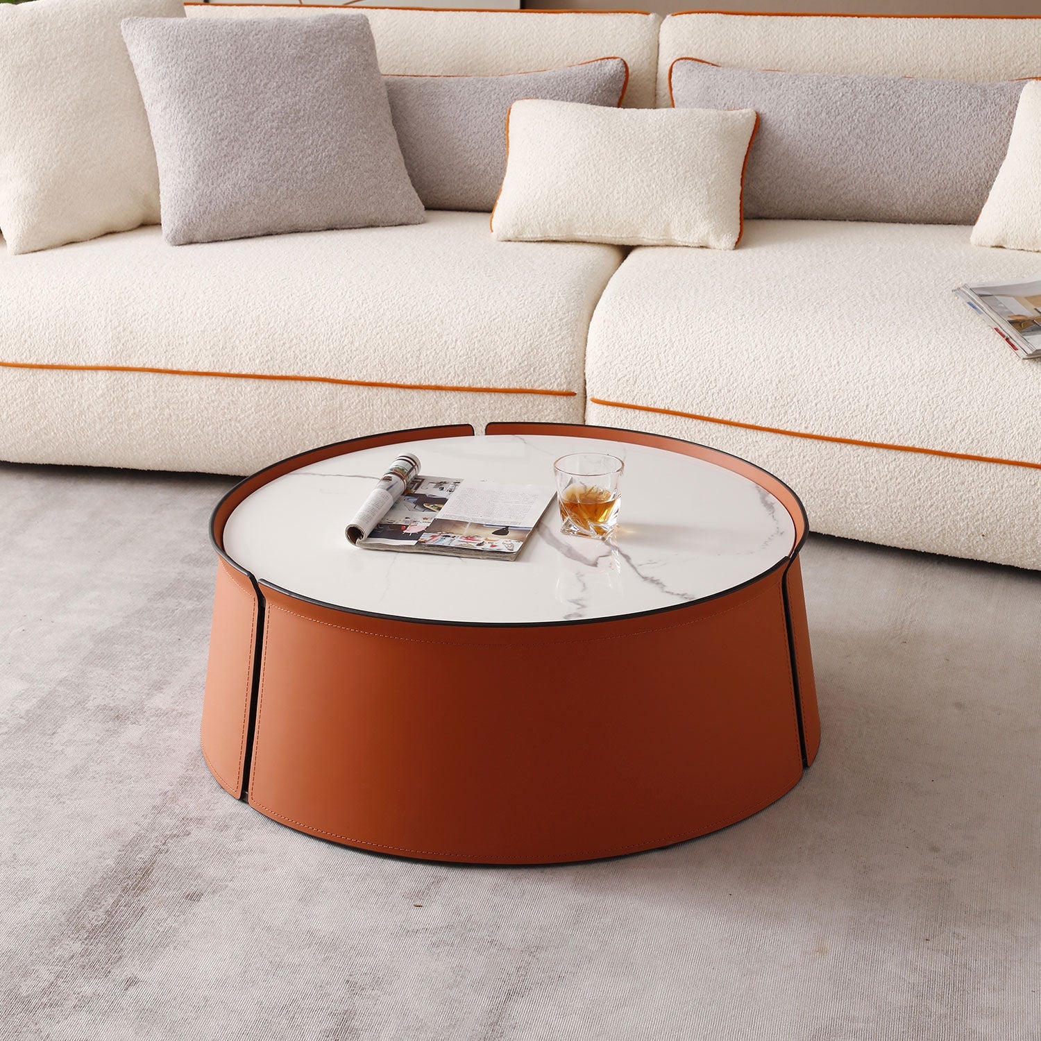 31.5" Coffee Table, Marble Top and Orange Saddle Leather Body - Loft&Timber