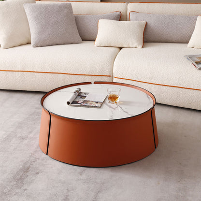 31.5" Coffee Table, Marble Top and Orange Saddle Leather Body - Loft&Timber