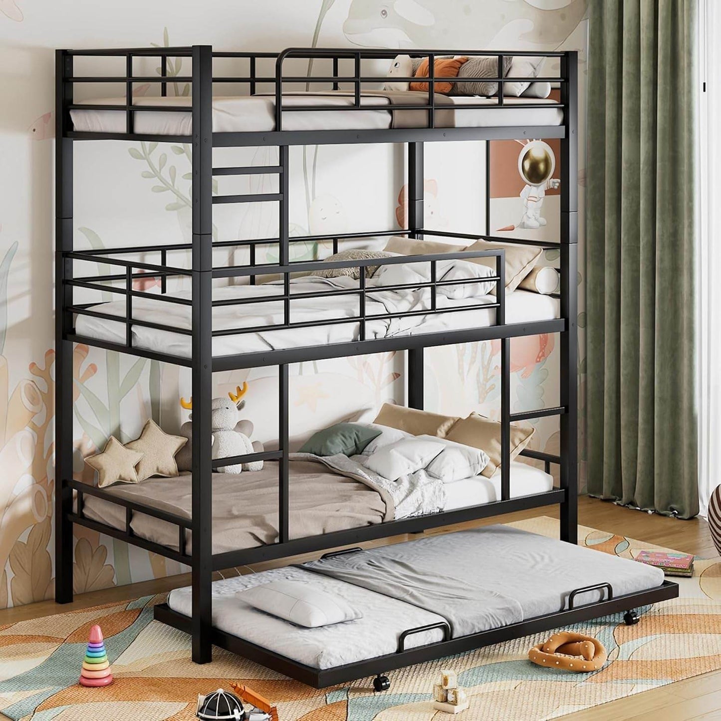 Metal Twin Size Triple Bunk Bed with Trundle for 4, Bunk Beds with 2 Ladders & Guardrails, Convertible to 3 Separate Beds for Kids Teens, Space-Saving, Black - Loft&Timber