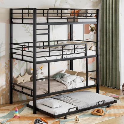 Metal Twin Size Triple Bunk Bed with Trundle for 4, Bunk Beds with 2 Ladders & Guardrails, Convertible to 3 Separate Beds for Kids Teens, Space-Saving, Black - Loft&Timber