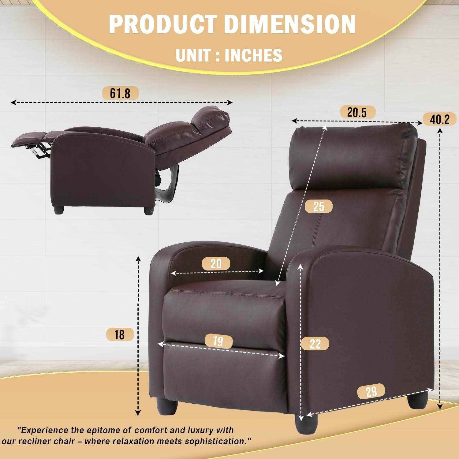 Recliner Chair Single Reclining Sofa, Brown - Loft&Timber