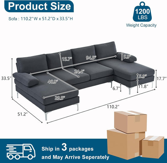 110" Modern U Shaped Sectional Couch with 51" D Double Chaise for Living Room, Grey Deep Seat Sectional Sofa Sets with 5.9" Thickness Seating Padding for Home Furniture,Linen Fabric,Metal Legs-1