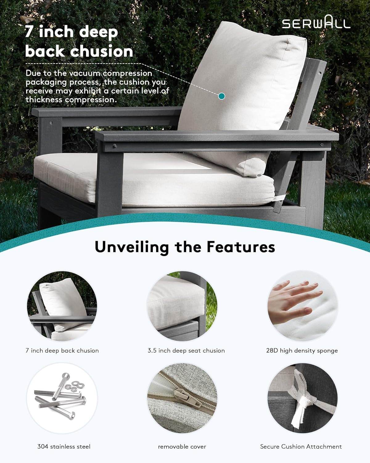 HDPE Outdoor Patio Furniture Set, 7-Piece Outdoor Sectional Patio Conversation Set, All Weather Outdoor Couch Set Patio Sofa Set for Deck, Lawn, Grey Frame with Khaki Cushion - Loft&Timber