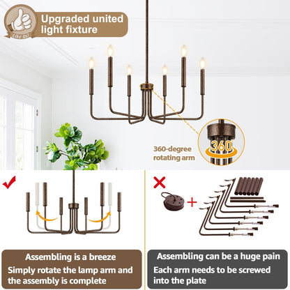 Rustic Black Chandelier, 6-Light Antique Farmhouse Chandelier for Dining Room Lighting Fixtures, Vintage Candle Pendant Light Fixtures Chandeliers for Dining Room Bedroom, Foyer and Living Room-3