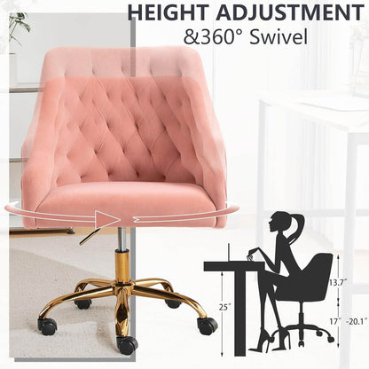 Velvet Office Swivel Chair, Vanity Chair, Fabric Desk Chair, Pretty Fancy Chair, Gold Office Chair for Girls, 360°Swivel Height Adjustable Reception Chair (Pink) - Loft&Timber