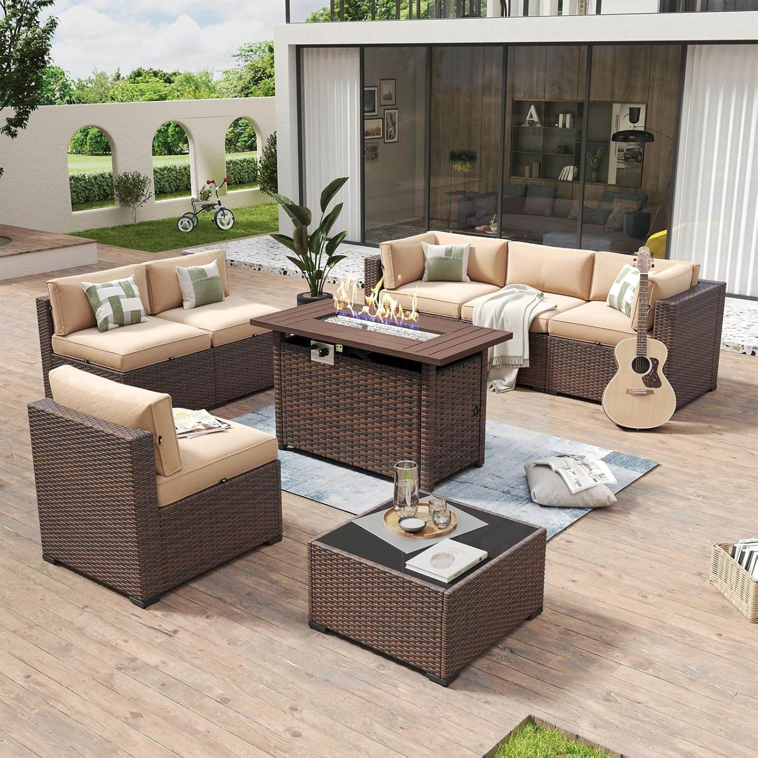 Eight Piece Outdoor Patio Furniture Set with Fire Pit - Loft&Timber