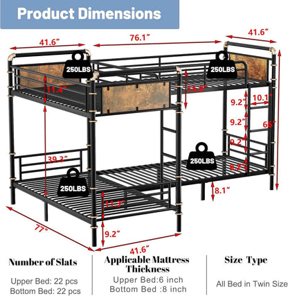 Quad Bunk Bed, Heavy Duty Metal 4 Bunk Beds for Kids with Ladders, Detachable Industrial L-Shaped Bunk Beds, Space Saving Design,Can Be Divided into 3 Twin Beds, Black - Loft&Timber