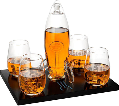Cryptocurrency Decanter, Bitcoin Decanter To The Moon, Crypto Elon Musk Lovers Ethereum Whiskey & Wine Decanter Set 450ml Four 12 oz Glasses by The Wine Savant Rocket Decanter - Crypto Gifts, HODL - Loft&Timber