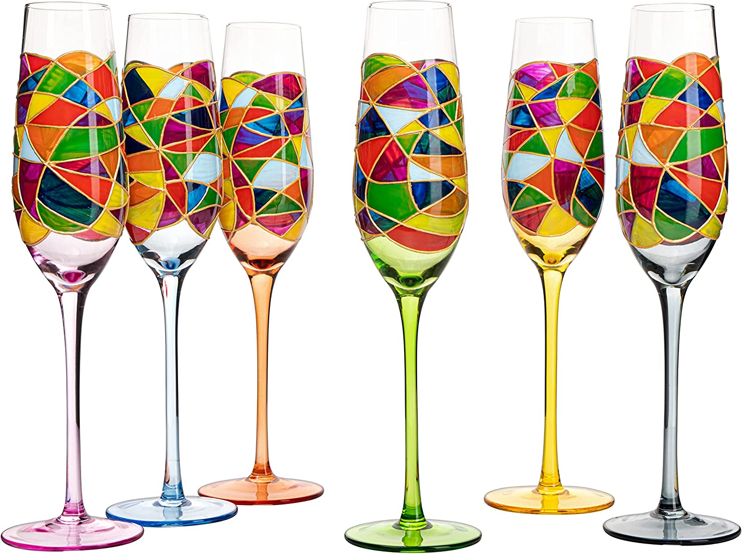 Stained Glass Champagne Flutes Set of 6 Hand Painted - Wine Savant - Hand Blown 7 Ounce Colorful Renaissance Champagne Glasses - 10.2" Tall, 2.7" Diameter Rainbow Multicolor Design Glassware - Loft&Timber