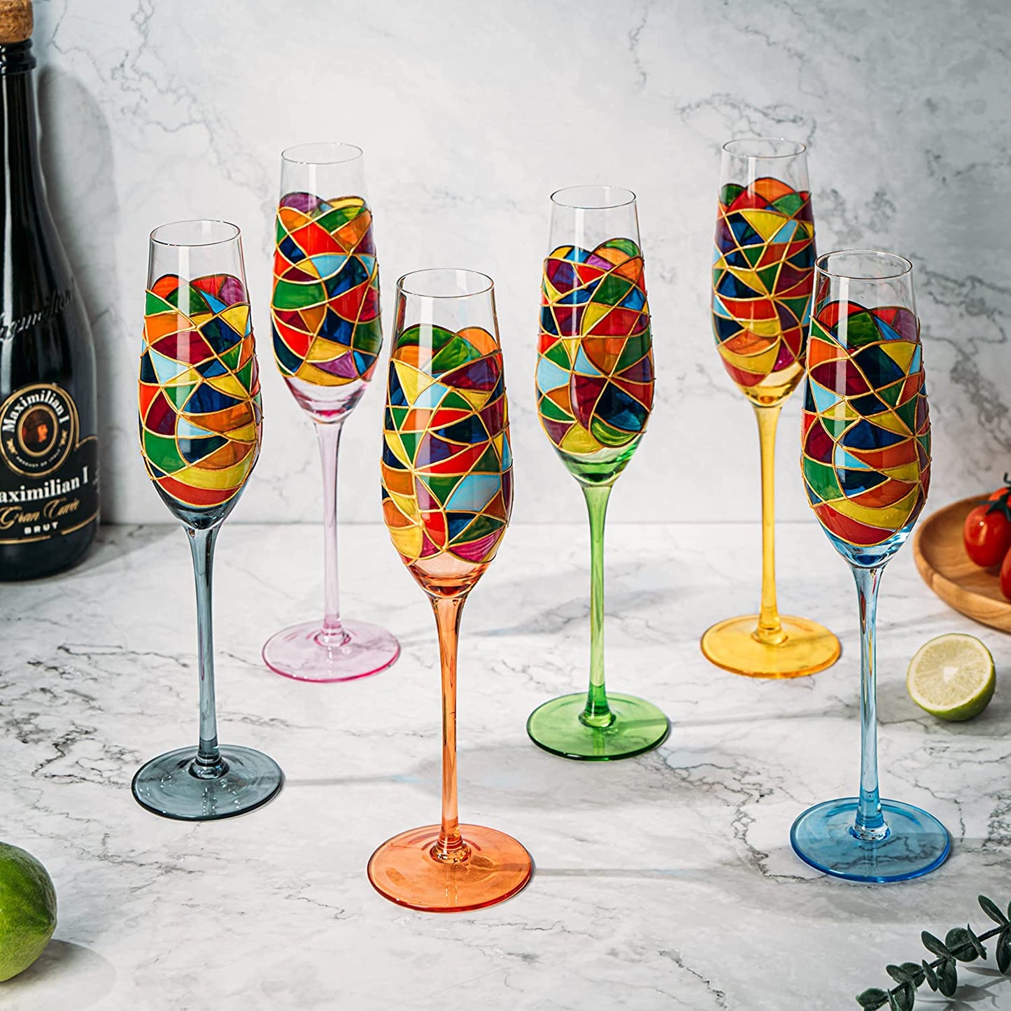 Stained Glass Champagne Flutes Set of 6 Hand Painted - Wine Savant - Hand Blown 7 Ounce Colorful Renaissance Champagne Glasses - 10.2" Tall, 2.7" Diameter Rainbow Multicolor Design Glassware - Loft&Timber