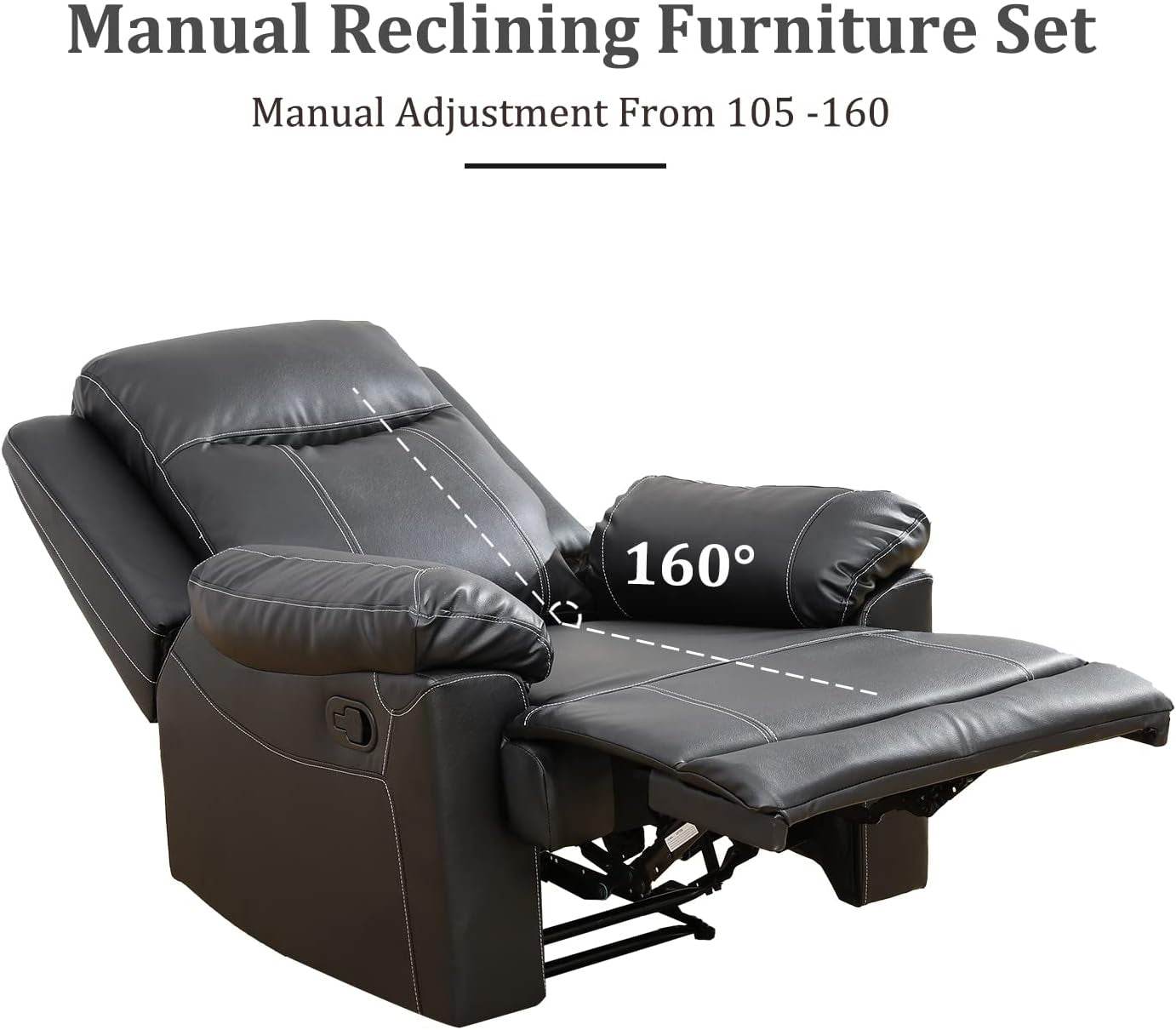 Manual Recliner Sofa Set, Bonded Leather in Black - Loft&Timber