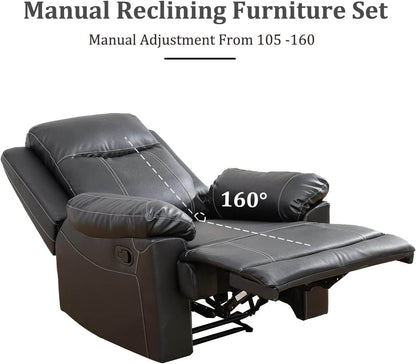 Manual Recliner Sofa Set, Bonded Leather in Black - Loft&Timber