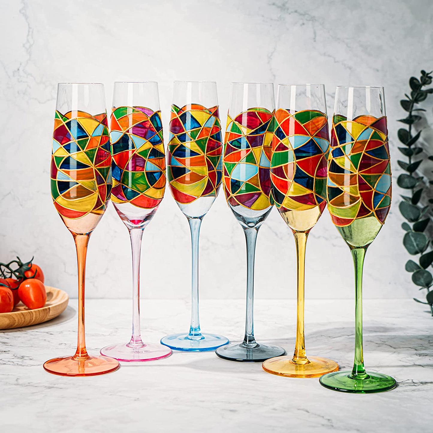 Stained Glass Champagne Flutes Set of 6 Hand Painted - Wine Savant - Hand Blown 7 Ounce Colorful Renaissance Champagne Glasses - 10.2" Tall, 2.7" Diameter Rainbow Multicolor Design Glassware - Loft&Timber