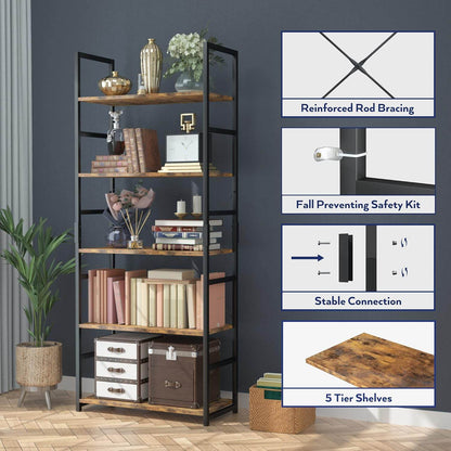Tall 5 Shelf Bookcase Vintage Bookshelf Organizer - Loft&Timber
