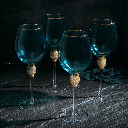 The Wine Savant Large Diamond Wine Glasses, 10" H Gold Rim Rhinestone Diamond Glasses - Wedding Glasses - 18 Ounce, Premium Designed Wine Glasses for Spirits and Wine, Gift Boxed (4, Blue) - Loft&Timber