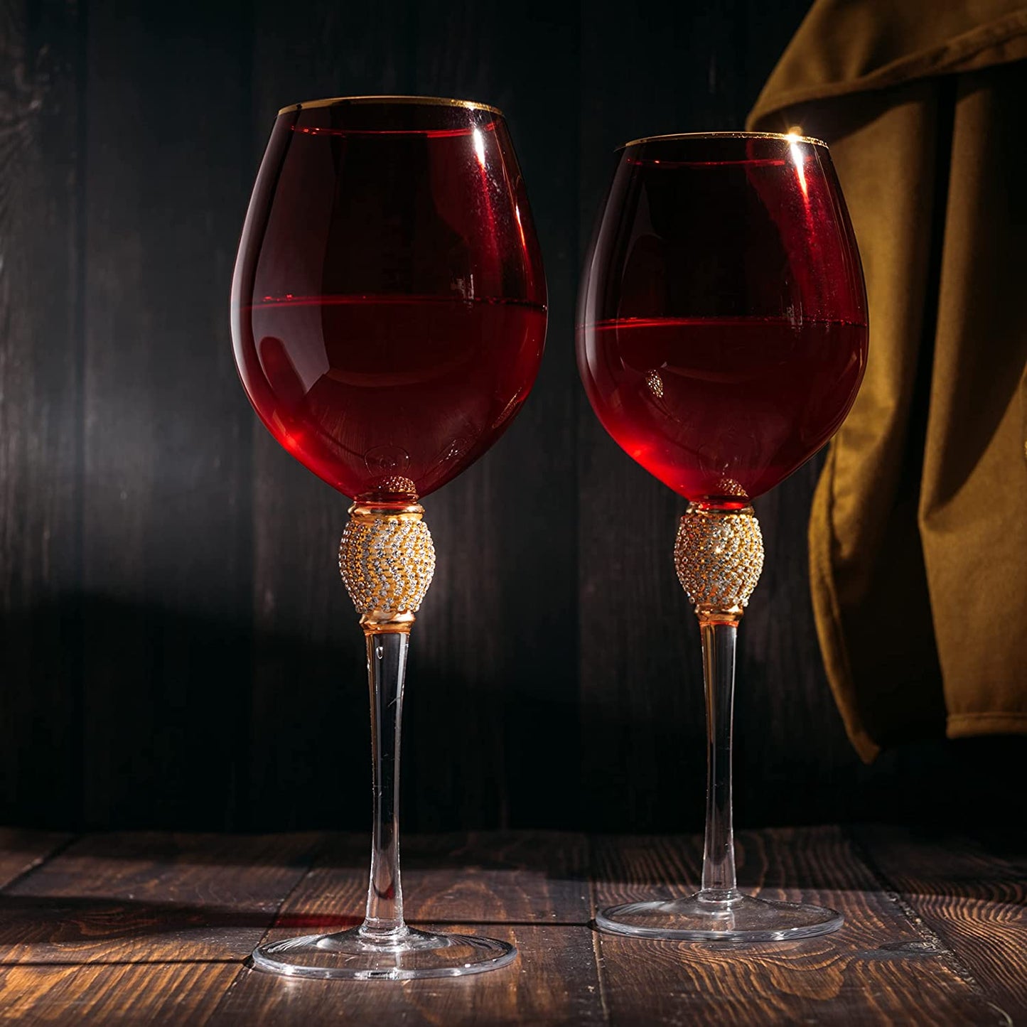 The Wine Savant Large Diamond Wine Glasses, 10" H Gold Rim Rhinestone Diamond Glasses - Wedding Glasses - 18 Ounce, Premium Designed Wine Glasses for Spirits and Wine, Gift Boxed (4, Red) - Loft&Timber