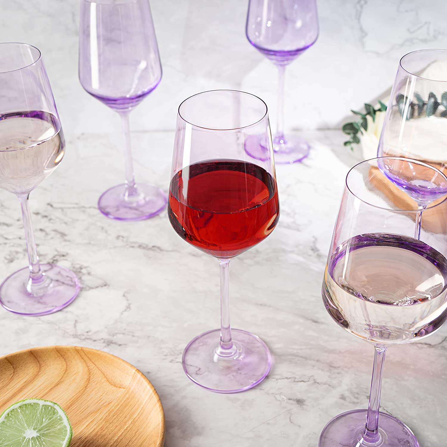 Set of 6 Colored Wine Glasses - 12 oz Hand Blown Italian Style Crystal Bordeaux Wine Glasses - Premium Stemmed Colored Glassware - Unique Drinking Glasses (6, Lavender Purple) - Loft&Timber