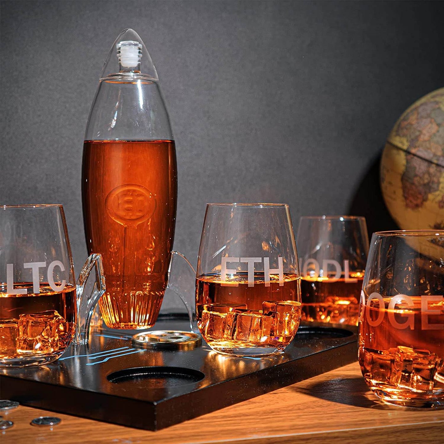 Cryptocurrency Decanter, Bitcoin Decanter To The Moon, Crypto Elon Musk Lovers Ethereum Whiskey & Wine Decanter Set 450ml Four 12 oz Glasses by The Wine Savant Rocket Decanter - Crypto Gifts, HODL - Loft&Timber