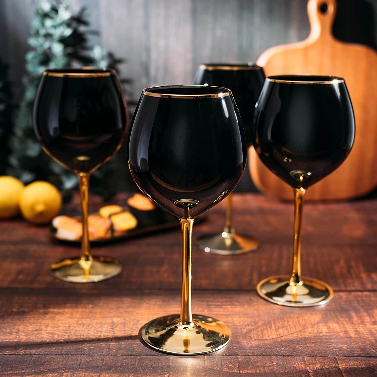 The Wine Savant Set of 4 Black Wine Glasses Gold Stemmed 14 oz Gold Rim Wine Glasses, Black Colored Wine Glasses Luxury Wine Glassware Wine Tasting, Wedding Gift, Anniversary, Birthday - Loft&Timber