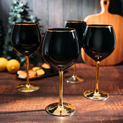The Wine Savant Set of 4 Black Wine Glasses Gold Stemmed 14 oz Gold Rim Wine Glasses, Black Colored Wine Glasses Luxury Wine Glassware Wine Tasting, Wedding Gift, Anniversary, Birthday - Loft&Timber