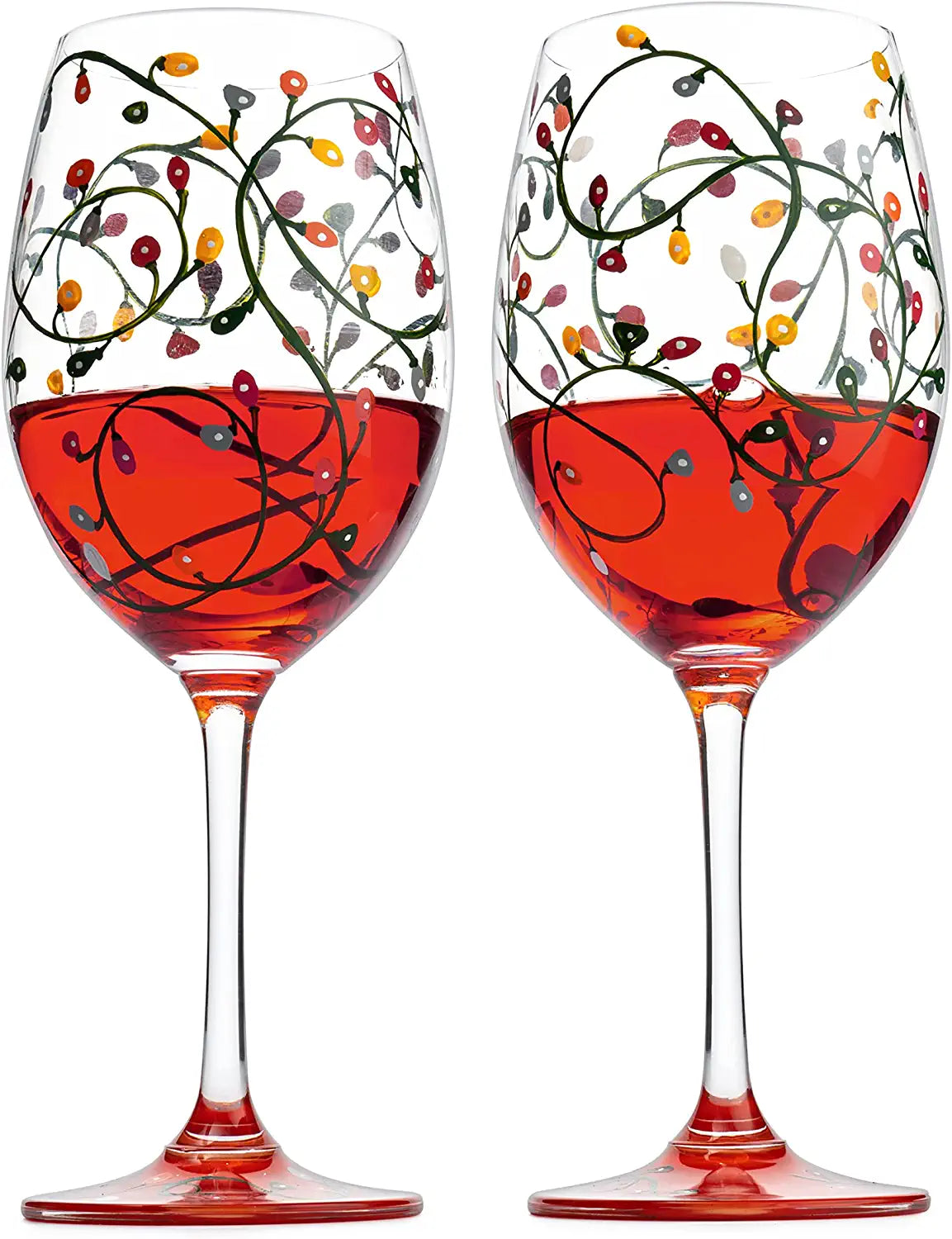 Stemmed Christmas Lights Wine Glasses Set of 2 - Hand Painted Wine Glass Ornament Light Bulbs Glasses, Perfect for Wine, Champagne, Holiday Parties and Festivities - 9.5" High, 21 oz Capacity - Loft&Timber