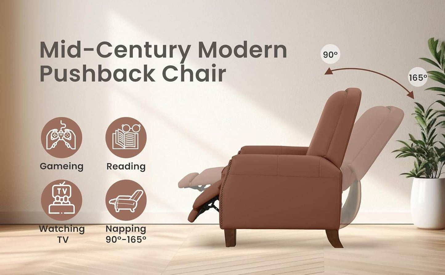 Pushback Chair, Mid-Century Modern Faux Leather Recliner, Brown - Loft&Timber