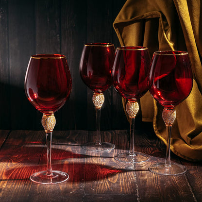 The Wine Savant Large Diamond Wine Glasses, 10" H Gold Rim Rhinestone Diamond Glasses - Wedding Glasses - 18 Ounce, Premium Designed Wine Glasses for Spirits and Wine, Gift Boxed (4, Red) - Loft&Timber