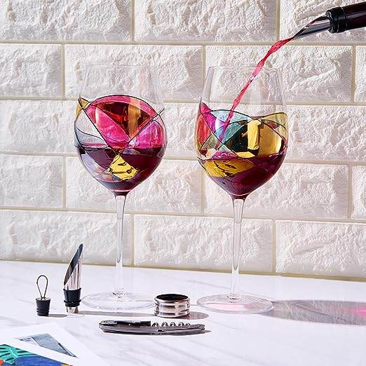 Painted STEMMED wine glass box set - opener, stopper, drip ring, wine pourer - 2 glasses - Loft&Timber